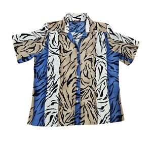 Vtg Alia Zebra Print Blouse Womens 6 Colorblock Retro Wearable Art Blue Beige